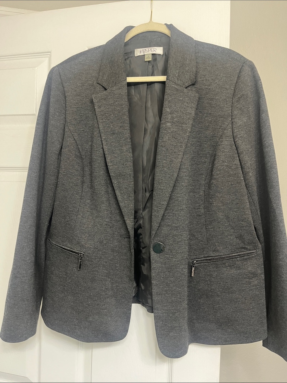 Kasper Dark Gray Single-Button Ponte Blazer with Zipper Pockets